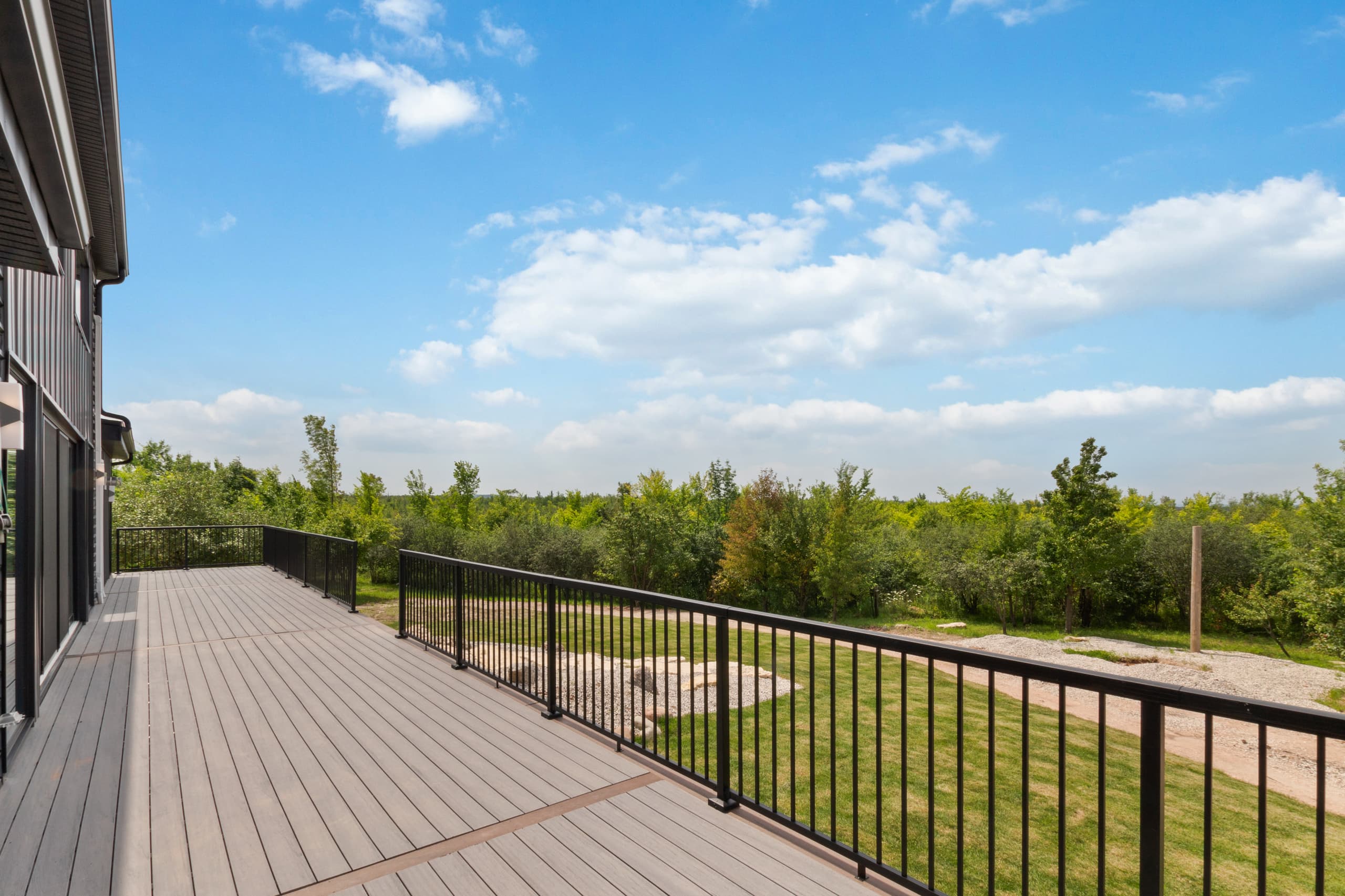 Looking out from the deck across scrub and young trees toward the tree line
