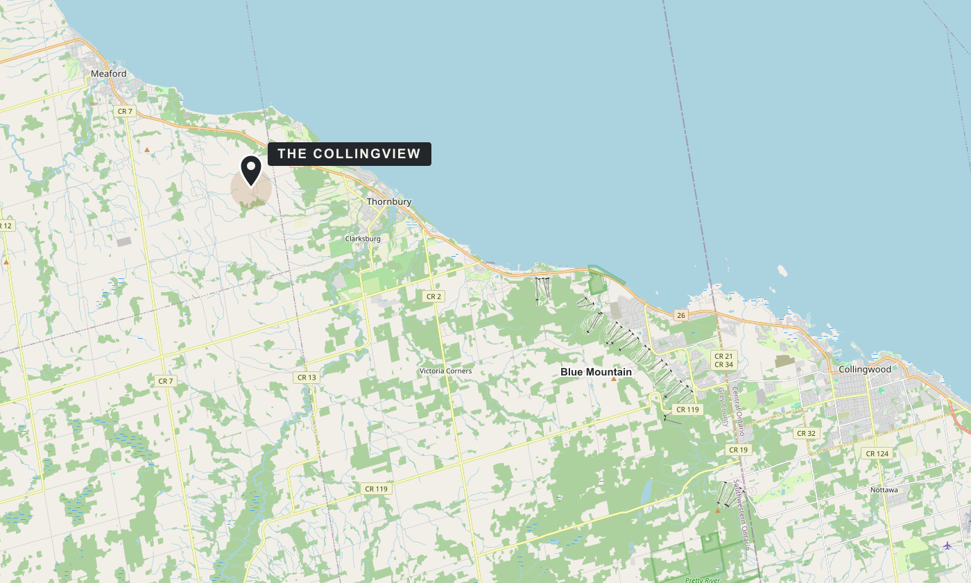 Map of southern Georgian Bay with The Collingview marked inland between Meaford and Thornbury, and Blue Mountain and Collingwood to the east.